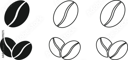 Minimal coffee bean icon set with outline and solid styles isolated on white background for branding design and logo usage