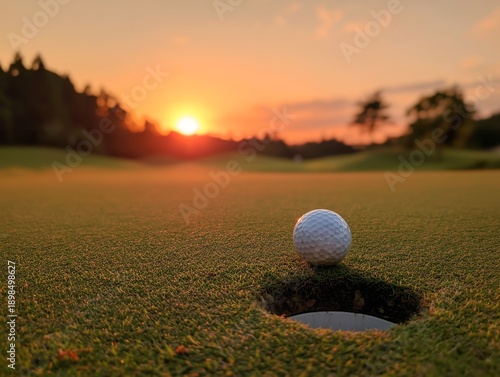 夕日に染まるゴルフ場のグリーンでカップイン直前のゴルフボールが静かに輝く感動の瞬間
