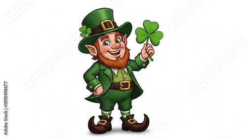 Smiling leprechaun in green suit holding four leaf clover on white background with shamrock on hat