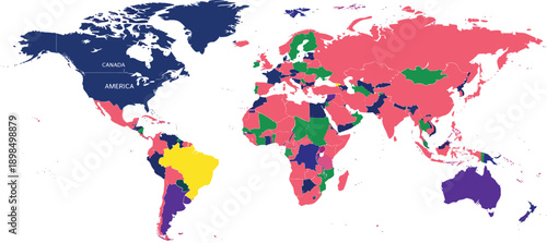 World Map with Countries Vector Illustration Showing Global Geography, Political Regions, International Borders, Continents, and Colorful Geographic Data Visualization