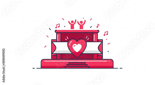 Vibrant pink stage with heart symbol joyful music notes and raised hands conveying love and celebration