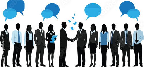 Business Communication and Partnership Illustration with Professional People Networking, Handshake Agreement, and Conversation Speech Bubbles for Corporate Concepts