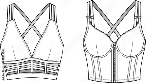 Women's sports bra with caged underband and zip-front corset bustier top technical fashion flat sketch vector illustration for apparel design.