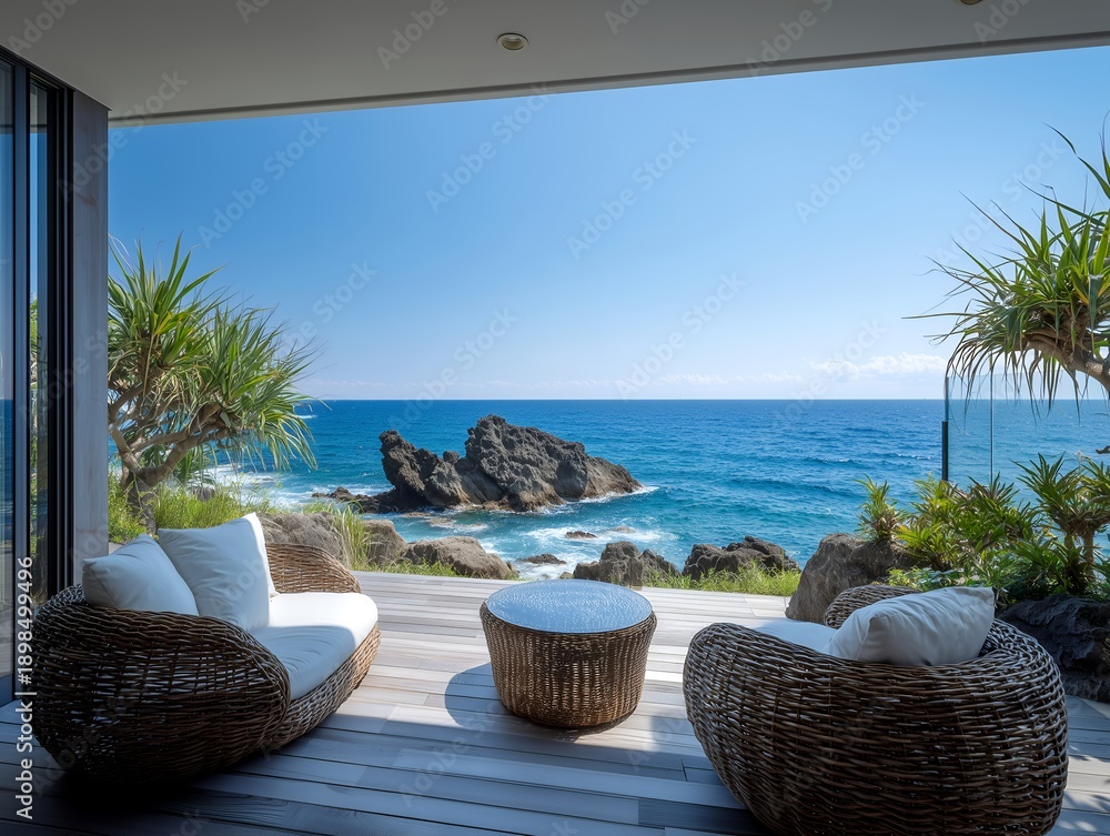 Naklejka premium 青い海と岩場を望む開放的なテラスで過ごす南国リゾートのウッドデッキ風景