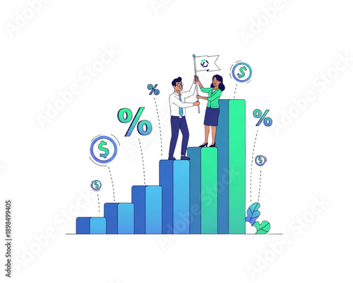 Financial business growth and success vector illustration. Teamwork on rising bar chart with flag. Money profit, revenue increase and investment return concept.