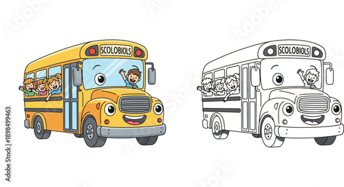 Cartoon school bus with happy children waving for coloring book. Cute vector illustration of yellow vehicle and black and white outline for kids education and activity.