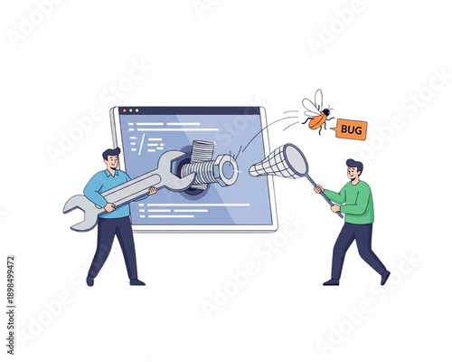 Software Bug Fixing and Debugging Illustration with Developers, Code Screen, Wrench Tool and Net Catching Bug, QA Testing, Cybersecurity, DevOps Maintenance Flat Vector
