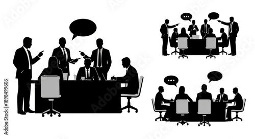 Business Meeting Silhouettes Discussing Ideas Around Tables.