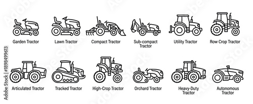 Collection of twelve different tractor line icons illustrating various types of agricultural machinery, from garden mowers to heavy-duty farm vehicles, in a clean minimalist style