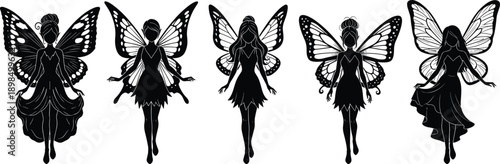 Collection of black fairy silhouettes featuring butterfly wings and long dresses, vector illustration isolated on white background for magic fantasy garden art design.