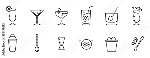 Black line icons of cocktails and bartender tools showing various drink glasses, a shaker, jigger, strainer, and other barware in a minimalist, clean vector illustration style