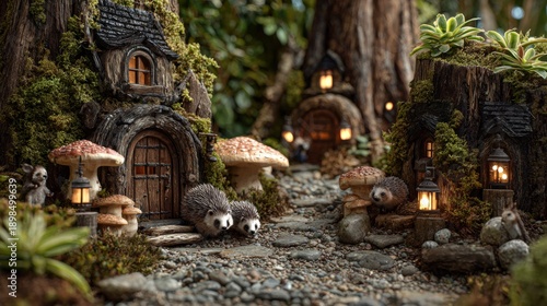 Miniature fairy village nestled in a lush forest scene, featuring glowing lights, mushroom houses, and adorable hedgehog figures