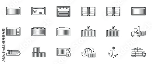 Shipping container and logistics line icon set featuring various cargo transport symbols such as a ship, truck, forklift, crane, and reefer for global trade concepts