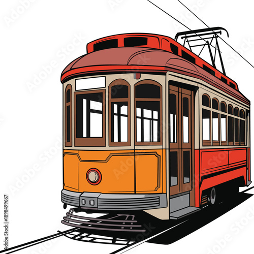Vintage streetcar, electric tram, red transport, railway tracks, overhead wires, retro vehicle, public transportation, urban mobility, vector art, cad drawing flat illustration