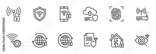 Set of black line icons representing internet security, data protection, and network safety, including symbols for VPN, fingerprint, router, and secure cloud connection