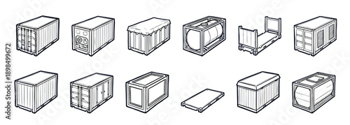 Collection of various intermodal shipping containers illustrated in a black and white line art style, showing different types like dry van, reefer, tank, and flat rack from an isometric view