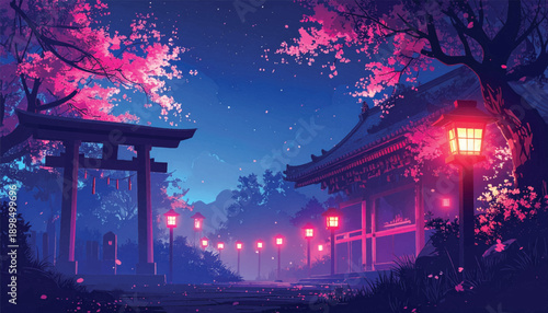 Traditional shrine glowing under lantern light and blossoms. Peaceful temple courtyard scene in magical evening mood. Oriental architecture artwork for cultural storytelling