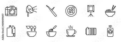 Set of food photography line icons including a camera, studio light, cooking utensils, and dishes for creative projects, presented in a simple and clean minimalist outline style