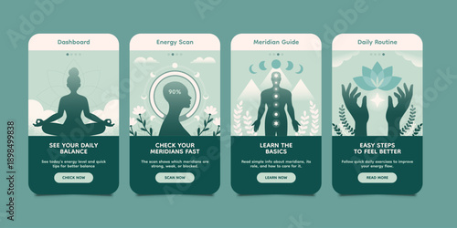 Energy meridian wellness mobile app interface illustration