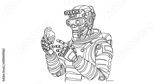 Robot in a space suit discovering a scientific object for educational materials, research presentations, and technology exhibitions