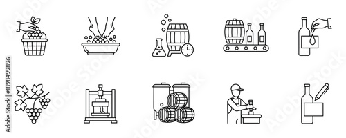 Wine production and viticulture thin line icons illustrating the complete cycle from grape picking and pressing to fermentation, aging in barrels, and final bottling
