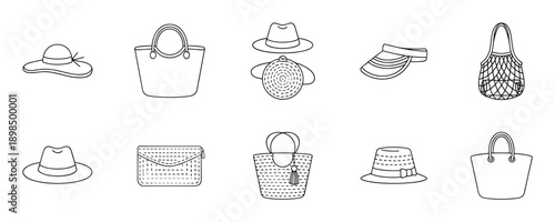 Collection of summer fashion accessory icons featuring various hats and bags in a minimalist black and white line art style, perfect for vacation and beach-themed designs