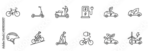 Collection of minimalist line art icons for electric vehicles and green transport, including a bicycle, scooter, car, charging station, and symbols for sustainable energy