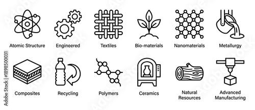 Materials science and engineering icon set with twelve minimalist pictograms for concepts like atomic structure, textiles, metallurgy, recycling, polymers, and advanced manufacturing