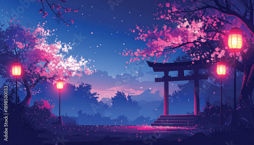 Mystical torii path beneath glowing lanterns at night. Japanese shrine walkway framed by blooming sakura trees. Dreamy cultural landscape illustration for fantasy scenes