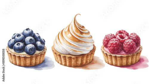 three dessert tarts with berries and meringue topping on white