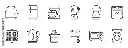 Collection of twelve kitchen appliance icons rendered in a clean, minimalist black line art style, featuring a toaster, refrigerator, stand mixer, blender, oven, and other cooking equipment