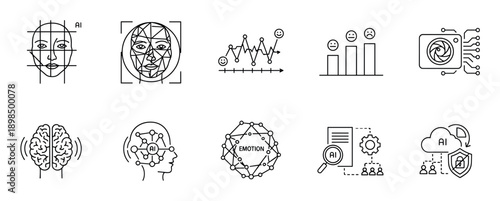 Ten minimalist black line art icons illustrating artificial intelligence technology, including biometric scanning, sentiment analysis, machine learning, and secure cloud computing concepts