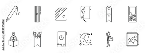 Collection of twelve bookmark and reading icons in a minimalist line art style showing various designs like an owl, moon, feather, and clock for literature and library concepts
