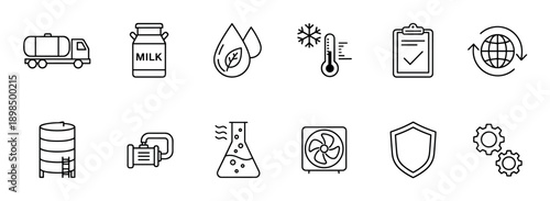 Dairy industry and milk production line icons showing a tanker truck, storage tank, laboratory flask, quality control checklist, and other symbols for manufacturing and logistics