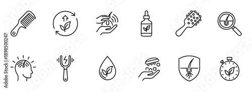 Hair care and loss treatment line icons set showing natural products, growth cycle, scalp health, and styling tools for cosmetic and medical concepts in a minimalist black outline style