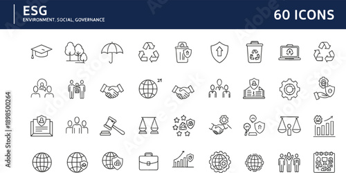 ESG Environment Social Governance Outline Icon Set with Sustainability, Compliance, Ethics, Recycling, Corporate Responsibility, and Impact Reporting Symbols
