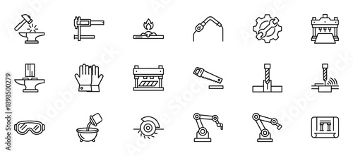 Collection of industrial manufacturing line icons representing metalworking, engineering, and factory processes like forging, welding, drilling, and robotic automation