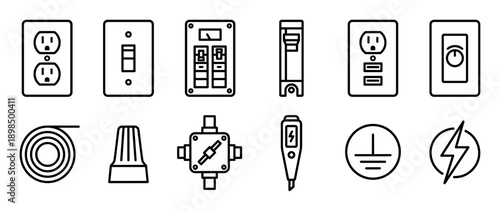 Set of electrical equipment icons showing various components like outlets, switches, breakers, and wiring for electrician work, rendered in a clean black and white line art style
