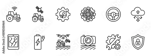 Smart agriculture technology thin line icon set with autonomous tractor, drone, satellite, and cloud computing symbols for modern farming concepts in a minimalist outline style