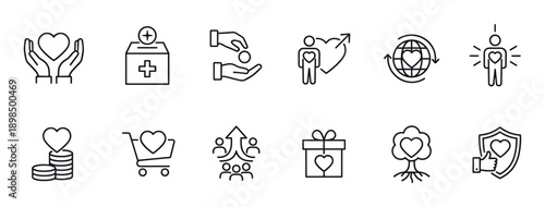 Set of charity and donation line icons illustrating concepts like volunteering, fundraising, community support, and love with simple, clean pictograms for social responsibility projects