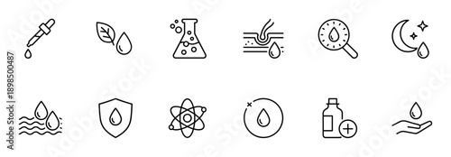 Skincare and dermatology related line icon set featuring symbols for hydration, protection, serum, natural ingredients, and scientific research in a clean, minimalist outline style