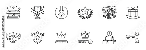 Set of black line art icons for gamification and reward systems, featuring treasure chests, mystery boxes, crowns, and achievement symbols in a clean, minimalist outline style