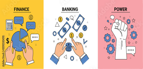 Finance, Banking, and Power Concept Illustration Set with Money Management, Digital Payments, Financial Analysis, and Business Strength Symbols