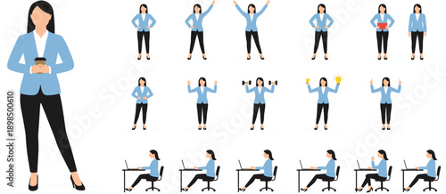 Flat Design Business Woman Character Set Showing Office Work, Standing and Sitting Poses, Laptop Usage, Gestures, and Professional Corporate Activities