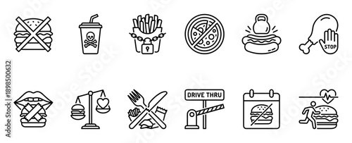 Set of black line icons representing unhealthy fast food, dieting concepts, and the choice to avoid junk food for a healthier lifestyle, including burgers, pizza, and soda