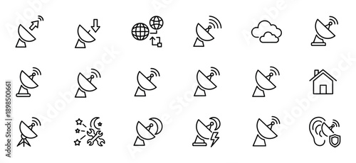 Black linear icon set of satellite dishes representing telecommunication, data transmission, global connection, broadcasting, and modern technology in a simple outline graphic style