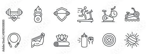 Set of black thin line icons representing fitness, gym workouts, and healthy lifestyle activities like weightlifting, cardio, yoga, and boxing in a minimalist vector style