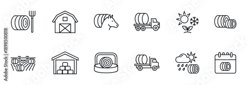Farming and agriculture thin line icon set with a hay bale, barn, truck, horse, pitchfork, and seasonal symbols for rural and harvest concepts, presented in a simple outline style