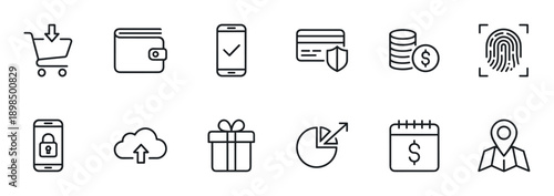 Set of twelve thin line icons for e-commerce, online banking, and digital finance, featuring symbols for shopping, secure payment, mobile security, and business growth