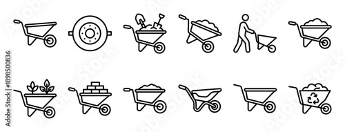 Collection of wheelbarrow line art icons showing gardening, construction, recycling, and transport concepts in a minimalist outline style
